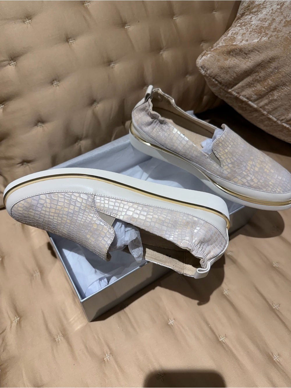 Vaneli Pearl Croc-Embossed Slip-On Sneakers in Iridescent Beige